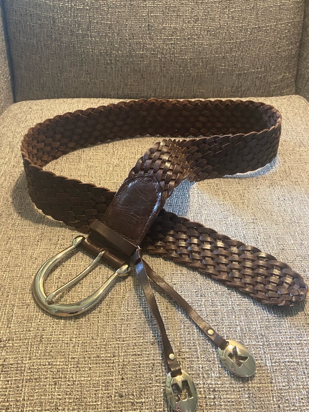 Michael Kors Woven Brown Leather Men’s Belt with Decorative Metal Accents
